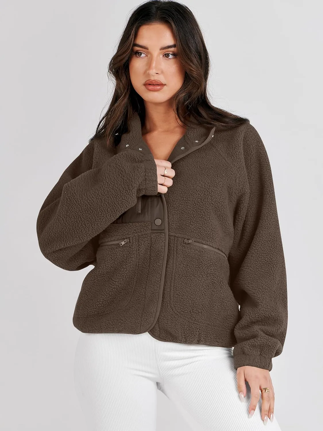 ANRABESS Womens Fuzzy Fleece Jacket Fall Casual Long Sleeve Cropped Sherpa Button Down Shacket Coats Outwear With Pockets