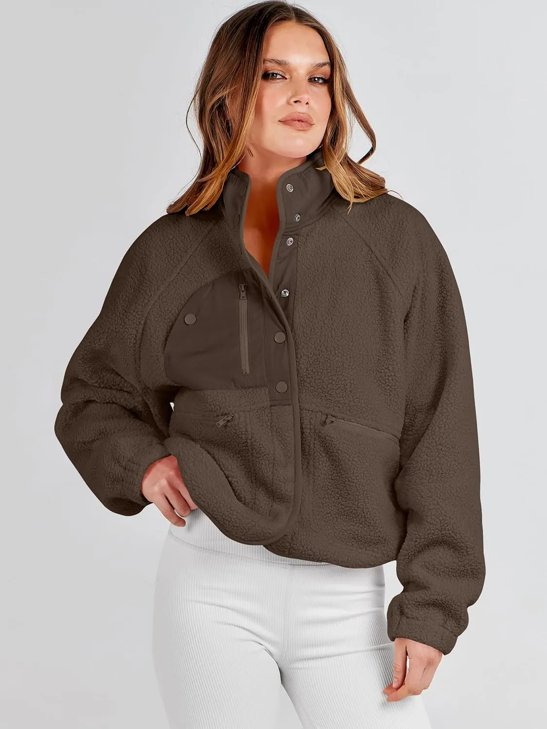 ANRABESS Womens Fuzzy Fleece Jacket Fall Casual Long Sleeve Cropped Sherpa Button Down Shacket Coats Outwear With Pockets