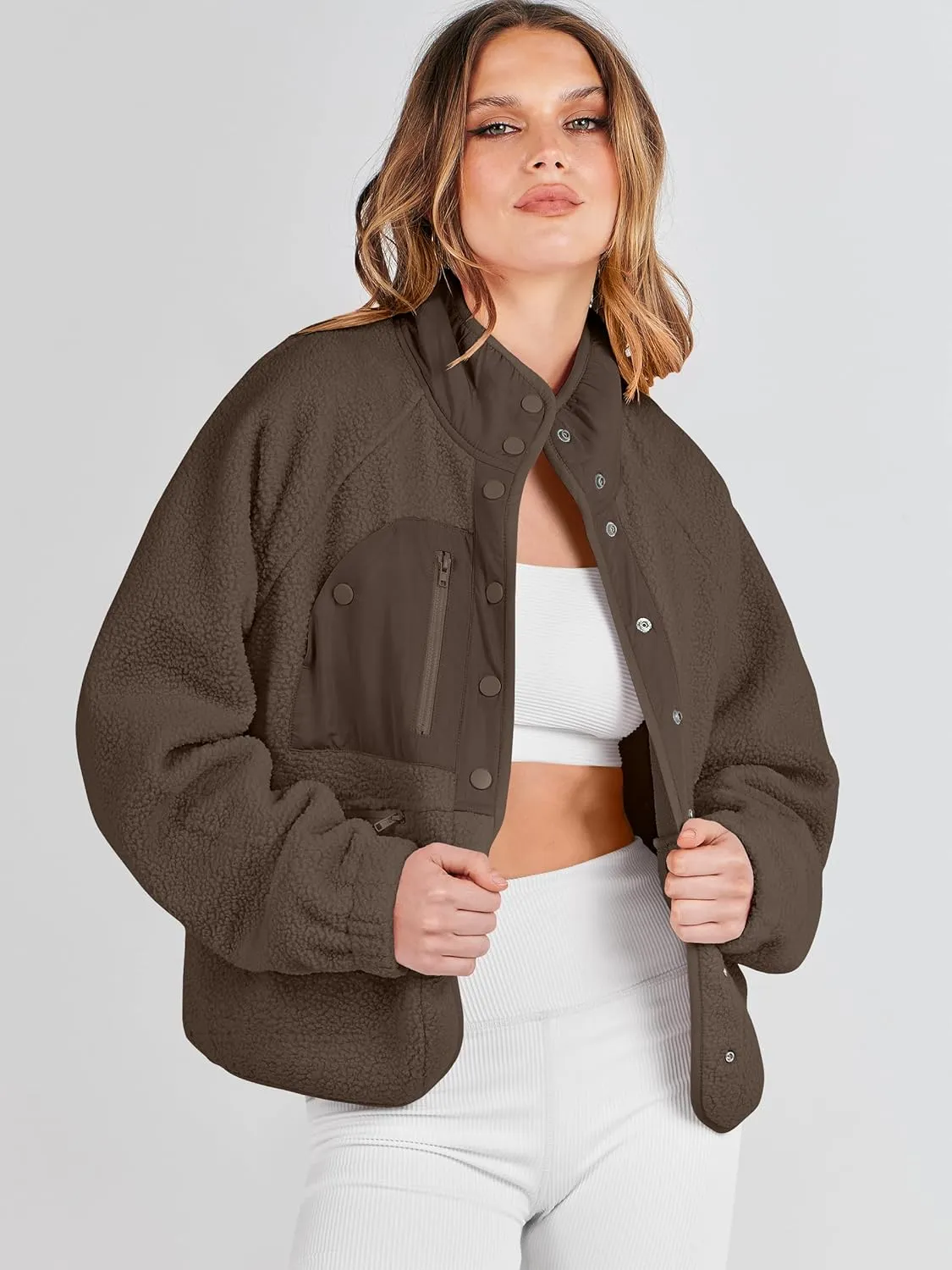 ANRABESS Womens Fuzzy Fleece Jacket Fall Casual Long Sleeve Cropped Sherpa Button Down Shacket Coats Outwear With Pockets