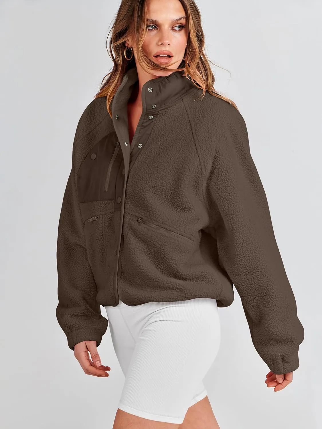 ANRABESS Womens Fuzzy Fleece Jacket Fall Casual Long Sleeve Cropped Sherpa Button Down Shacket Coats Outwear With Pockets