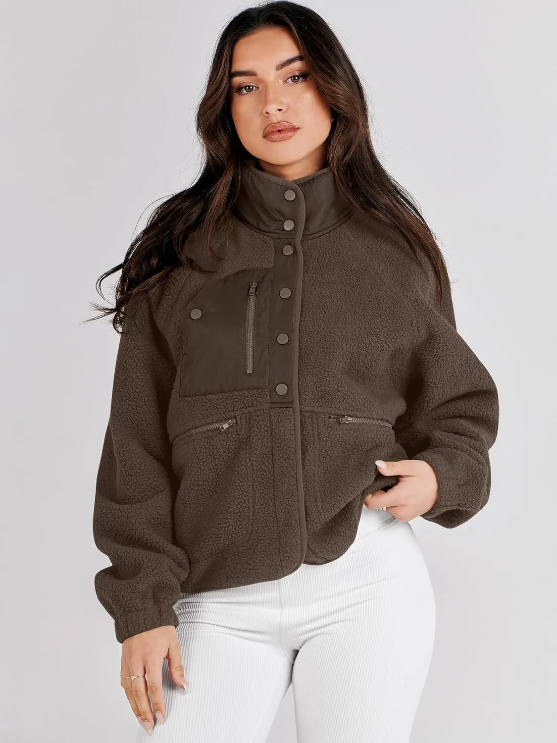 ANRABESS Womens Fuzzy Fleece Jacket Fall Casual Long Sleeve Cropped Sherpa Button Down Shacket Coats Outwear With Pockets