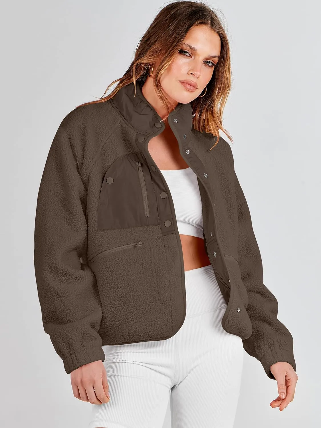 ANRABESS Womens Fuzzy Fleece Jacket Fall Casual Long Sleeve Cropped Sherpa Button Down Shacket Coats Outwear With Pockets