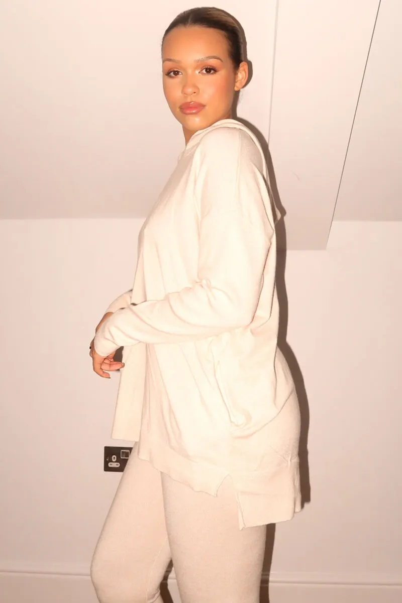 BEIGE HOODED TWO POCKET KNITTED LOUNGEWEAR SET