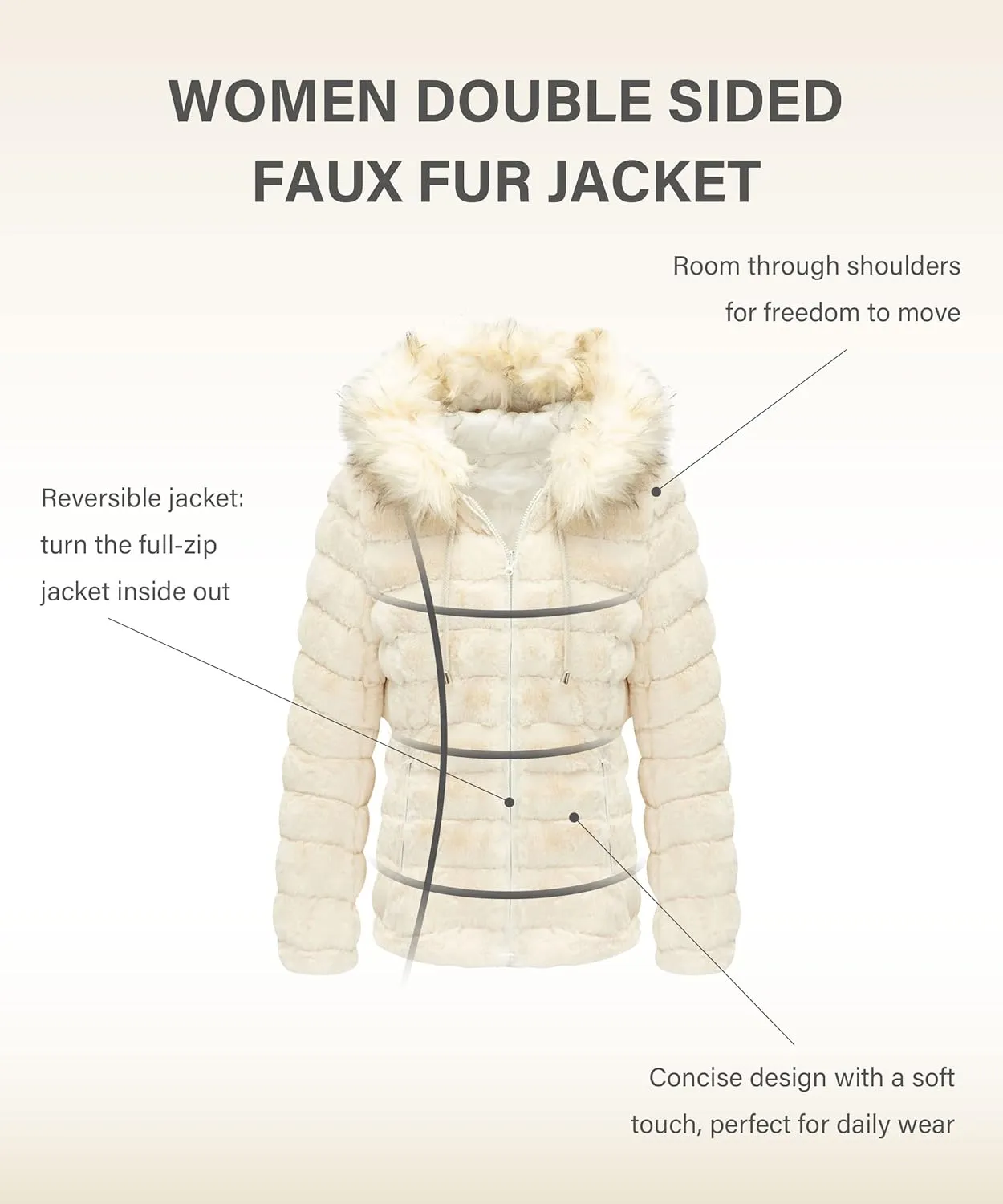 Bellivera Women Double Sided Faux Fur Jacket Spring and Winter Fashion Reversible Hood Puffer Coat with Fur Collar
