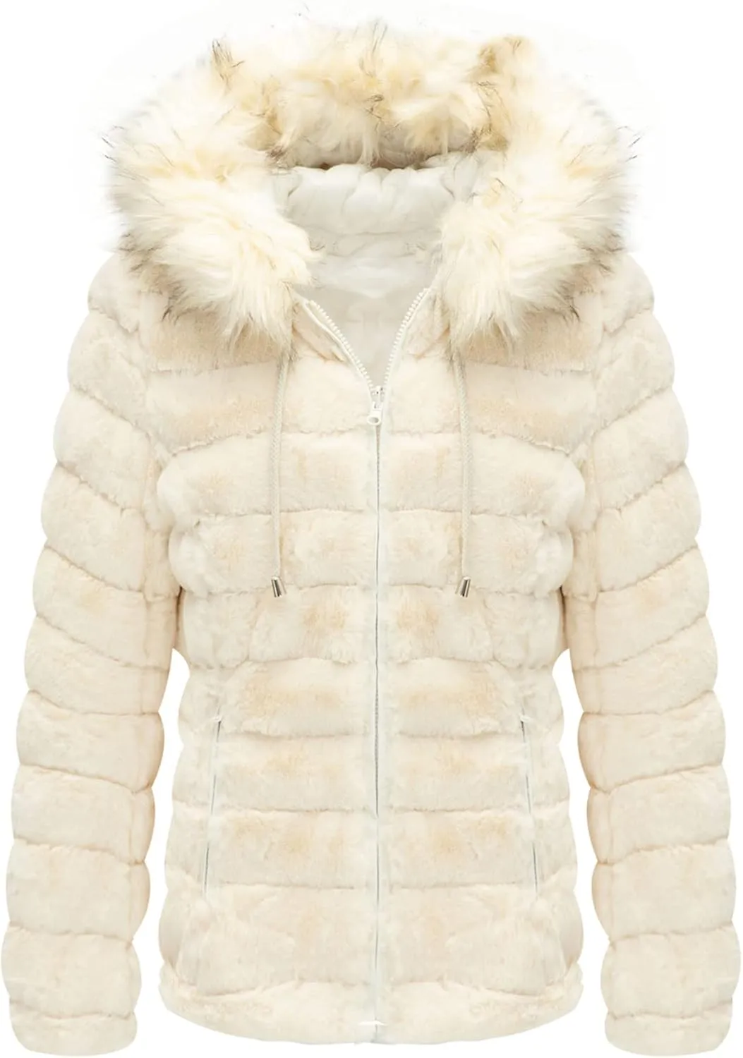 Bellivera Women Double Sided Faux Fur Jacket Spring and Winter Fashion Reversible Hood Puffer Coat with Fur Collar