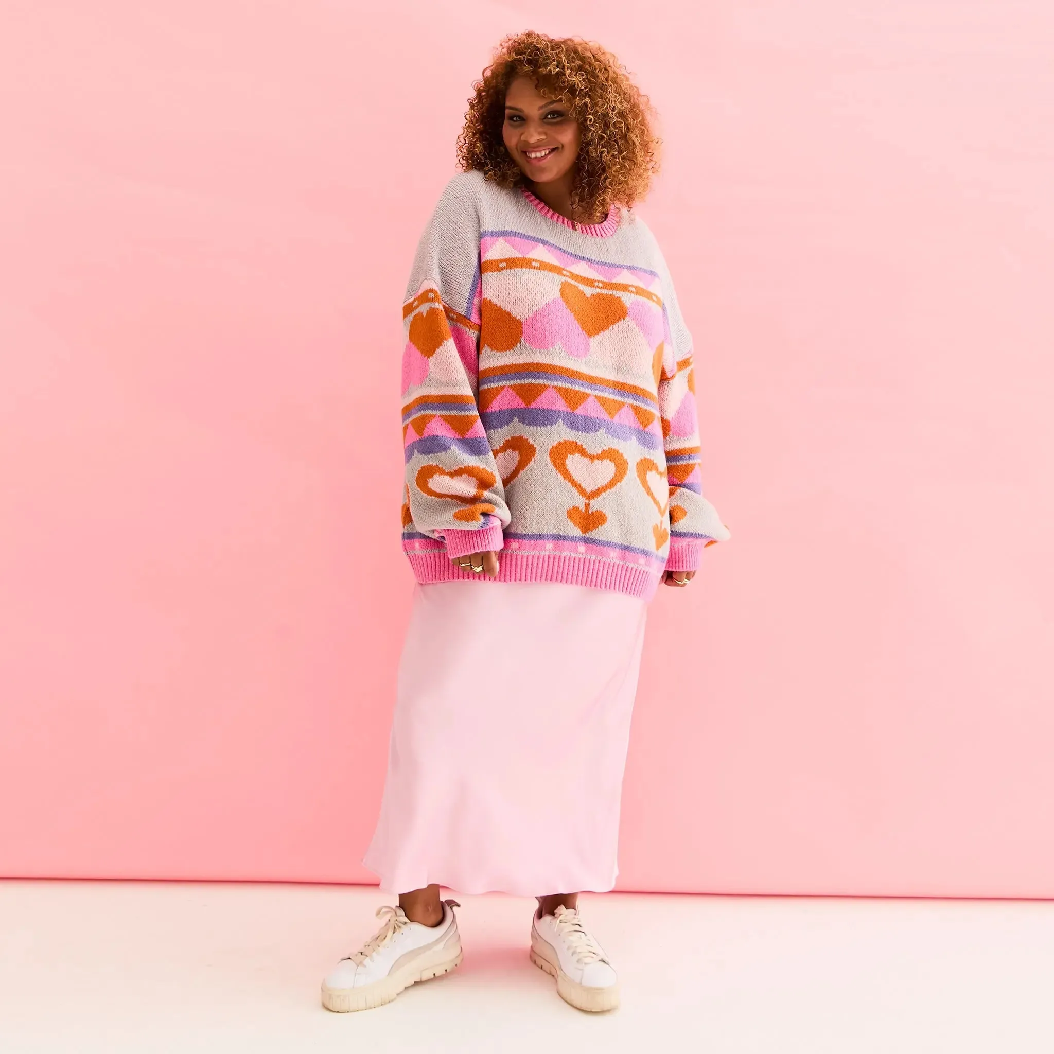 Blue Poppy Heart Intarsia Balloon Sleeve Oversized Jumper