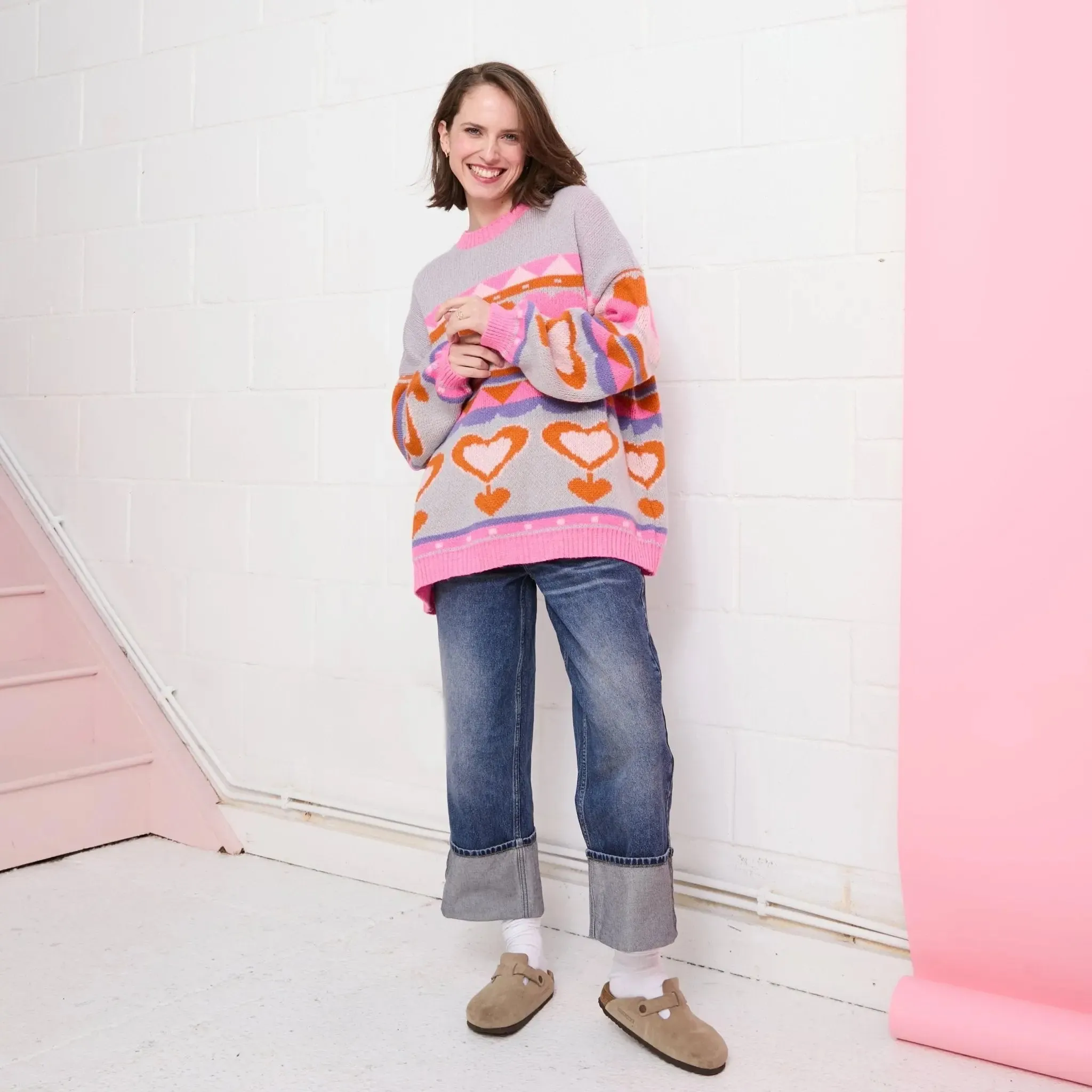 Blue Poppy Heart Intarsia Balloon Sleeve Oversized Jumper