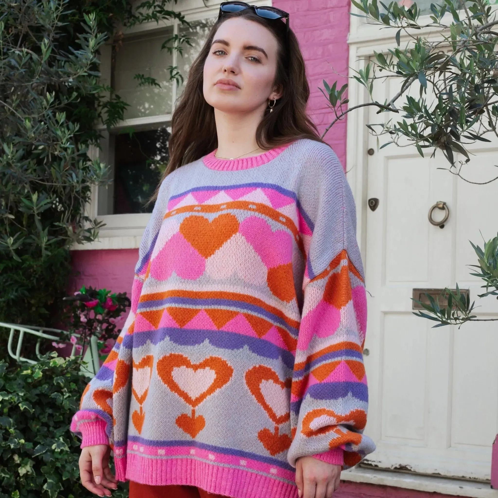 Blue Poppy Heart Intarsia Balloon Sleeve Oversized Jumper