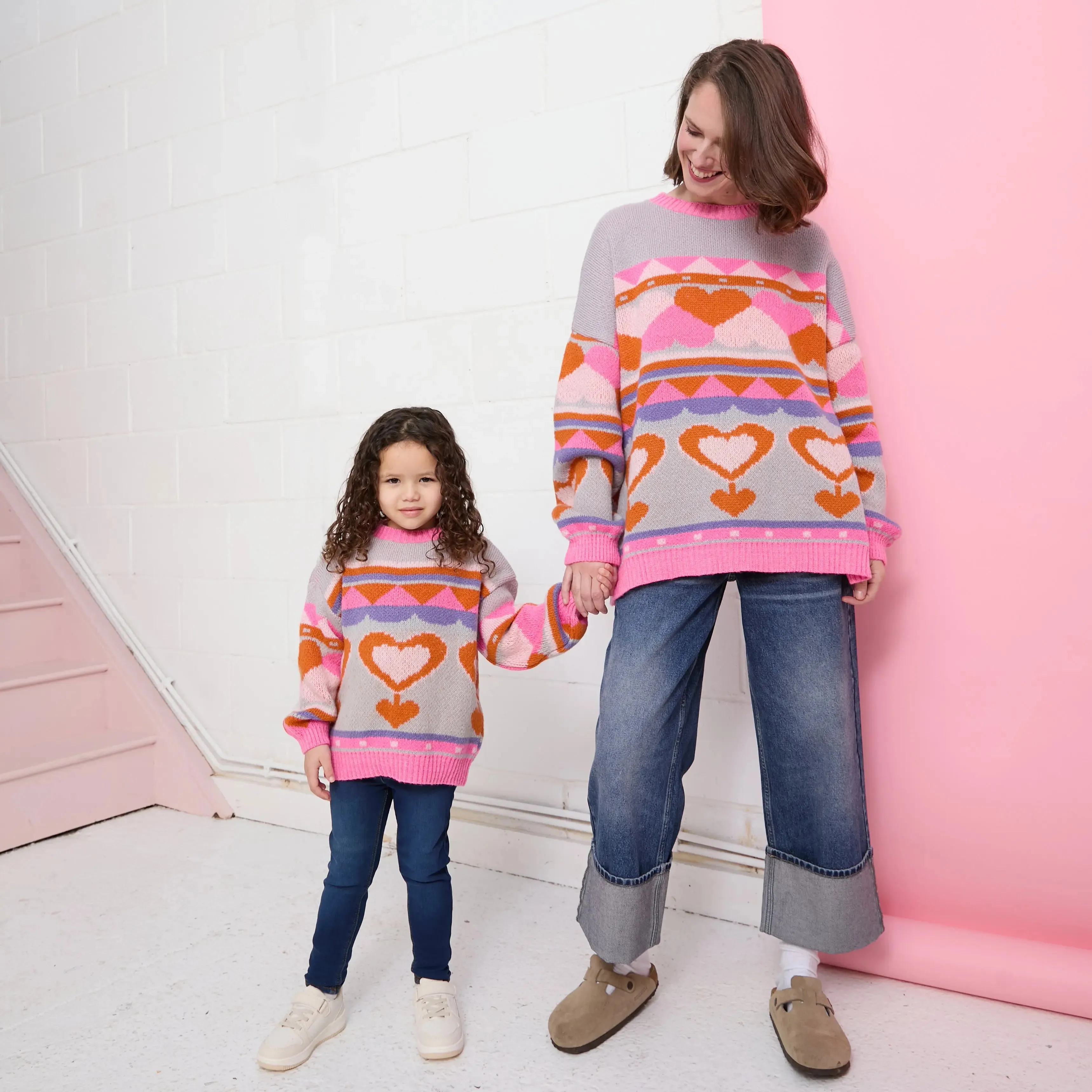 Blue Poppy Heart Intarsia Balloon Sleeve Oversized Jumper