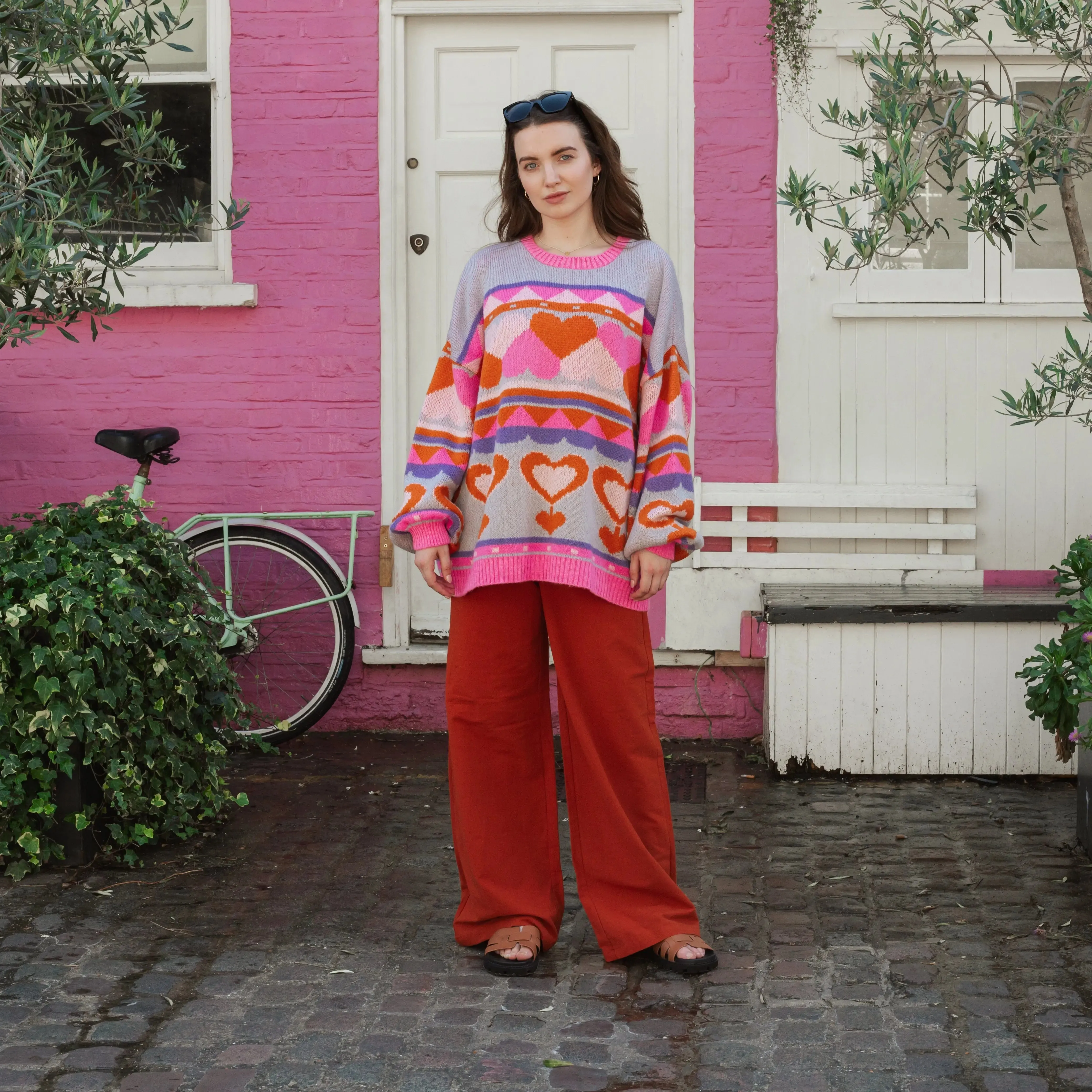 Blue Poppy Heart Intarsia Balloon Sleeve Oversized Jumper