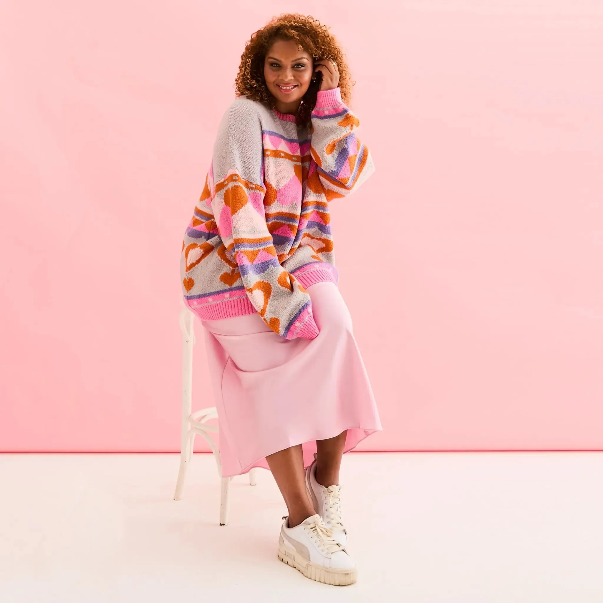 Blue Poppy Heart Intarsia Balloon Sleeve Oversized Jumper