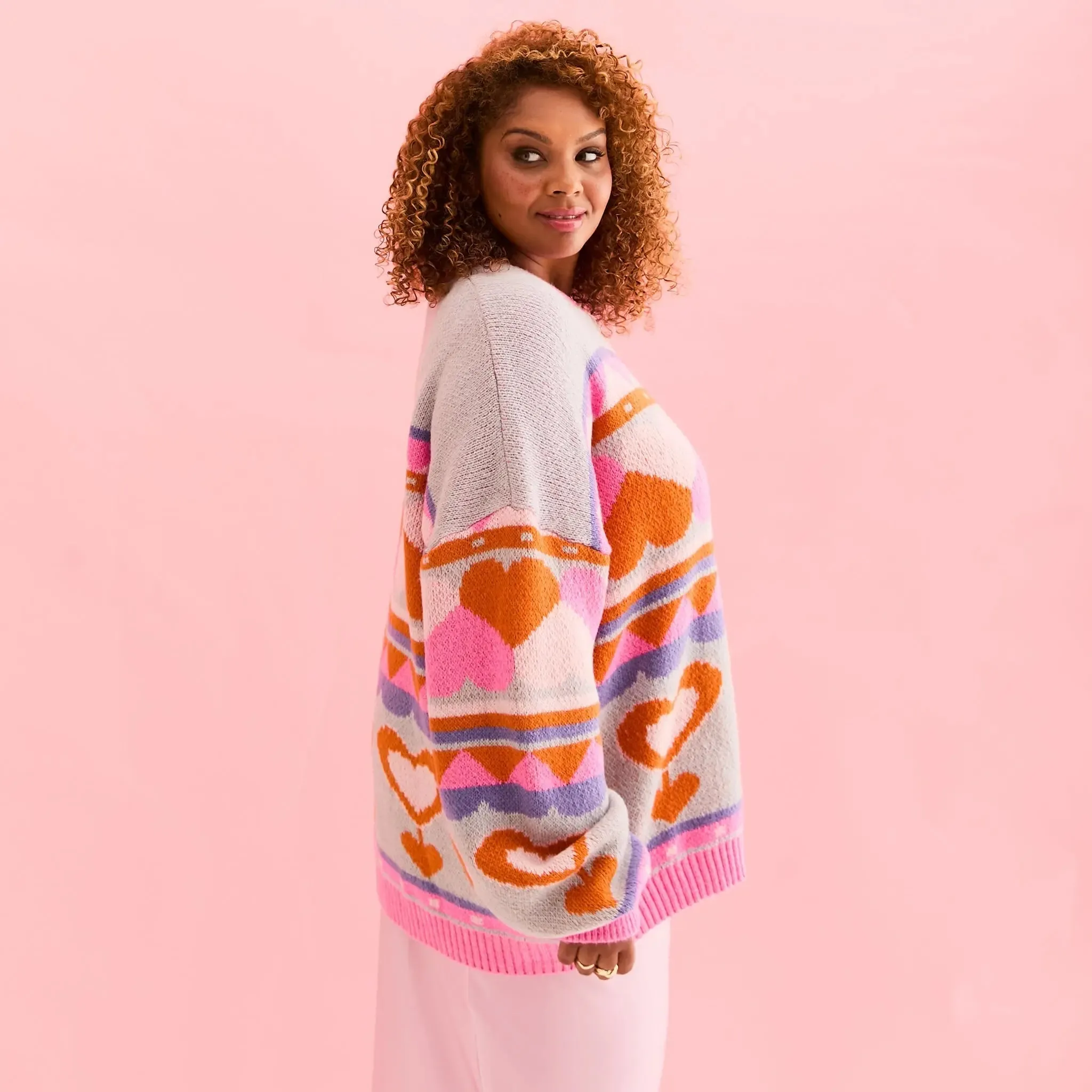 Blue Poppy Heart Intarsia Balloon Sleeve Oversized Jumper