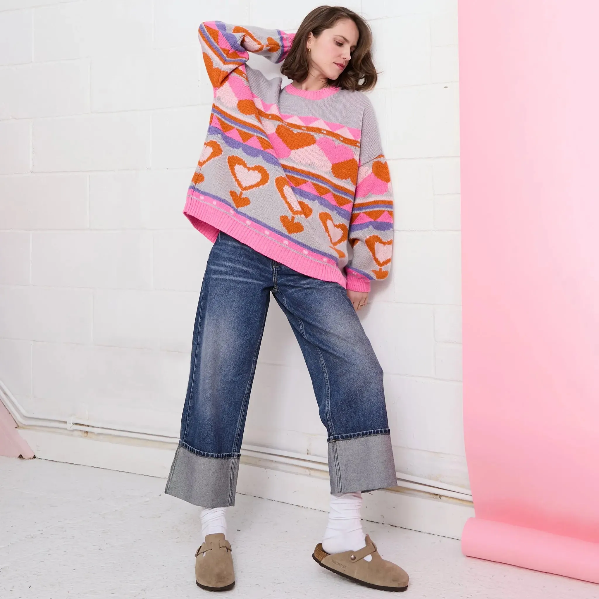 Blue Poppy Heart Intarsia Balloon Sleeve Oversized Jumper