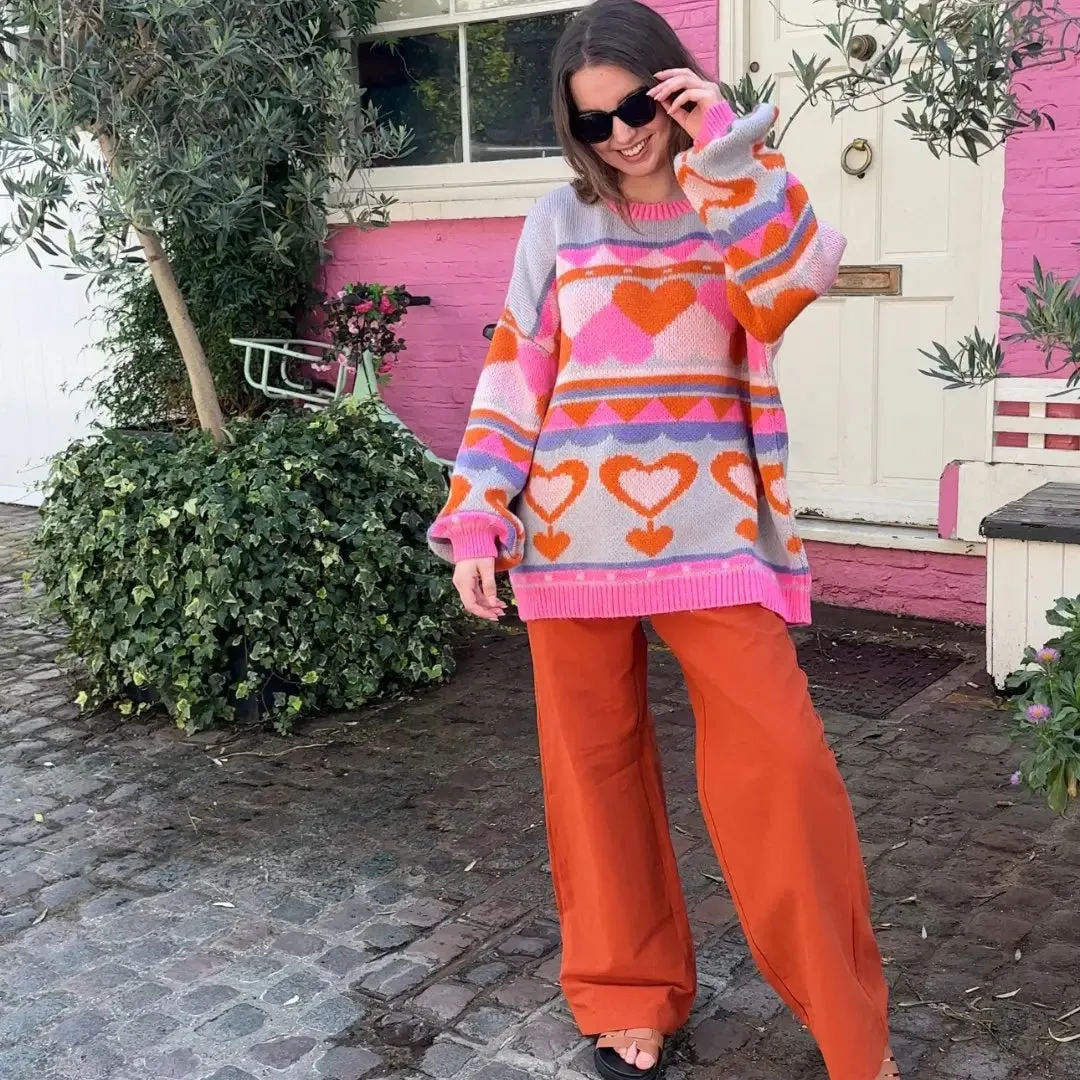 Blue Poppy Heart Intarsia Balloon Sleeve Oversized Jumper