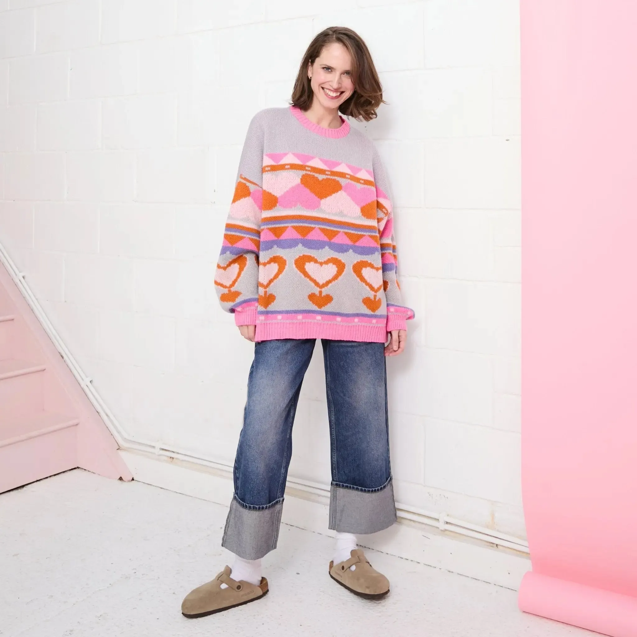 Blue Poppy Heart Intarsia Balloon Sleeve Oversized Jumper