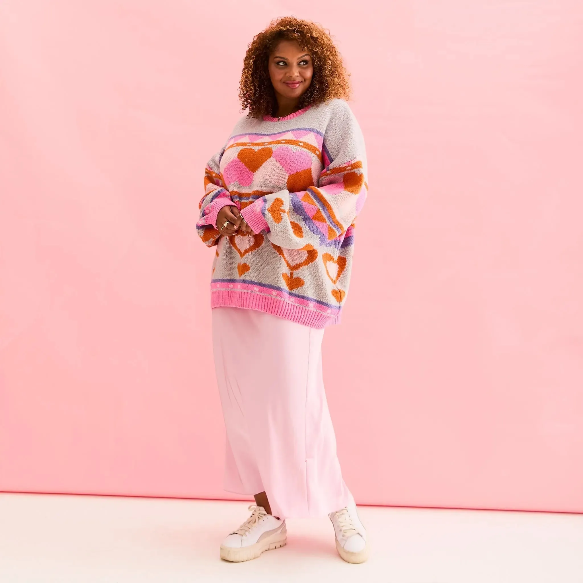 Blue Poppy Heart Intarsia Balloon Sleeve Oversized Jumper