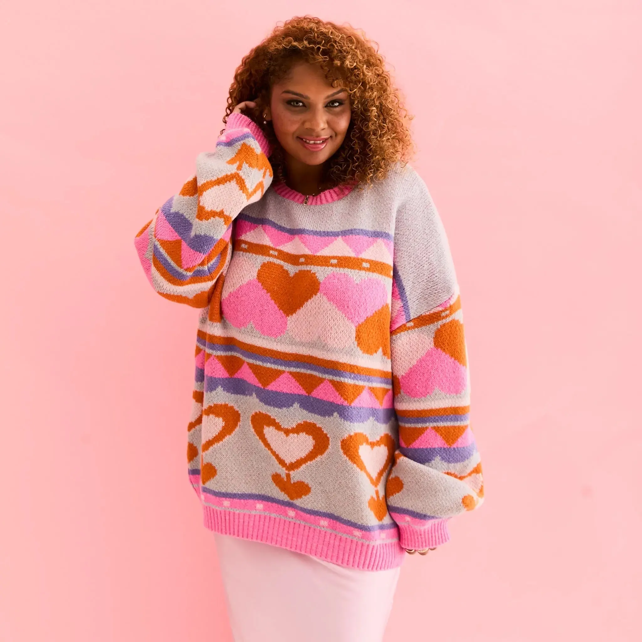 Blue Poppy Heart Intarsia Balloon Sleeve Oversized Jumper