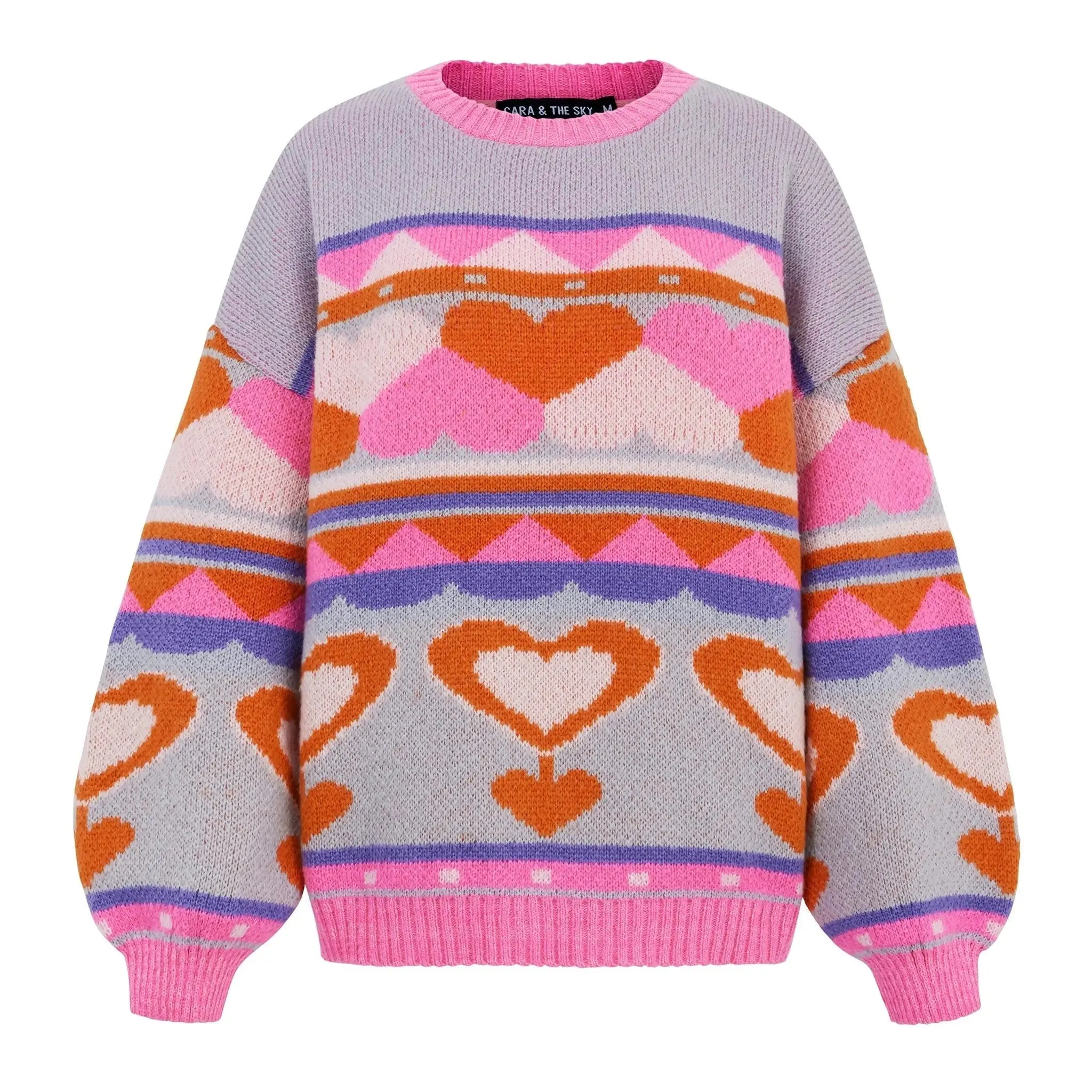 Blue Poppy Heart Intarsia Balloon Sleeve Oversized Jumper