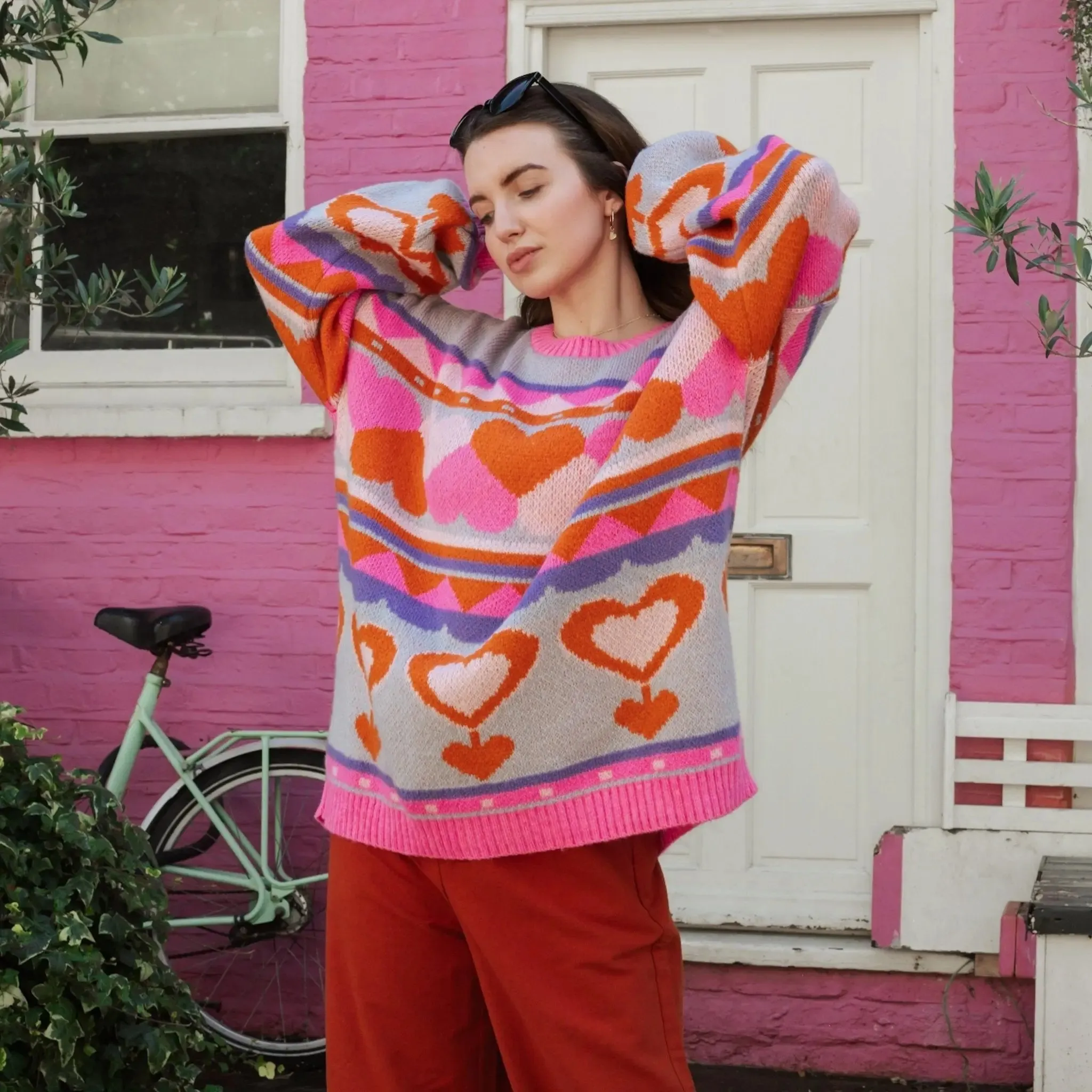 Blue Poppy Heart Intarsia Balloon Sleeve Oversized Jumper