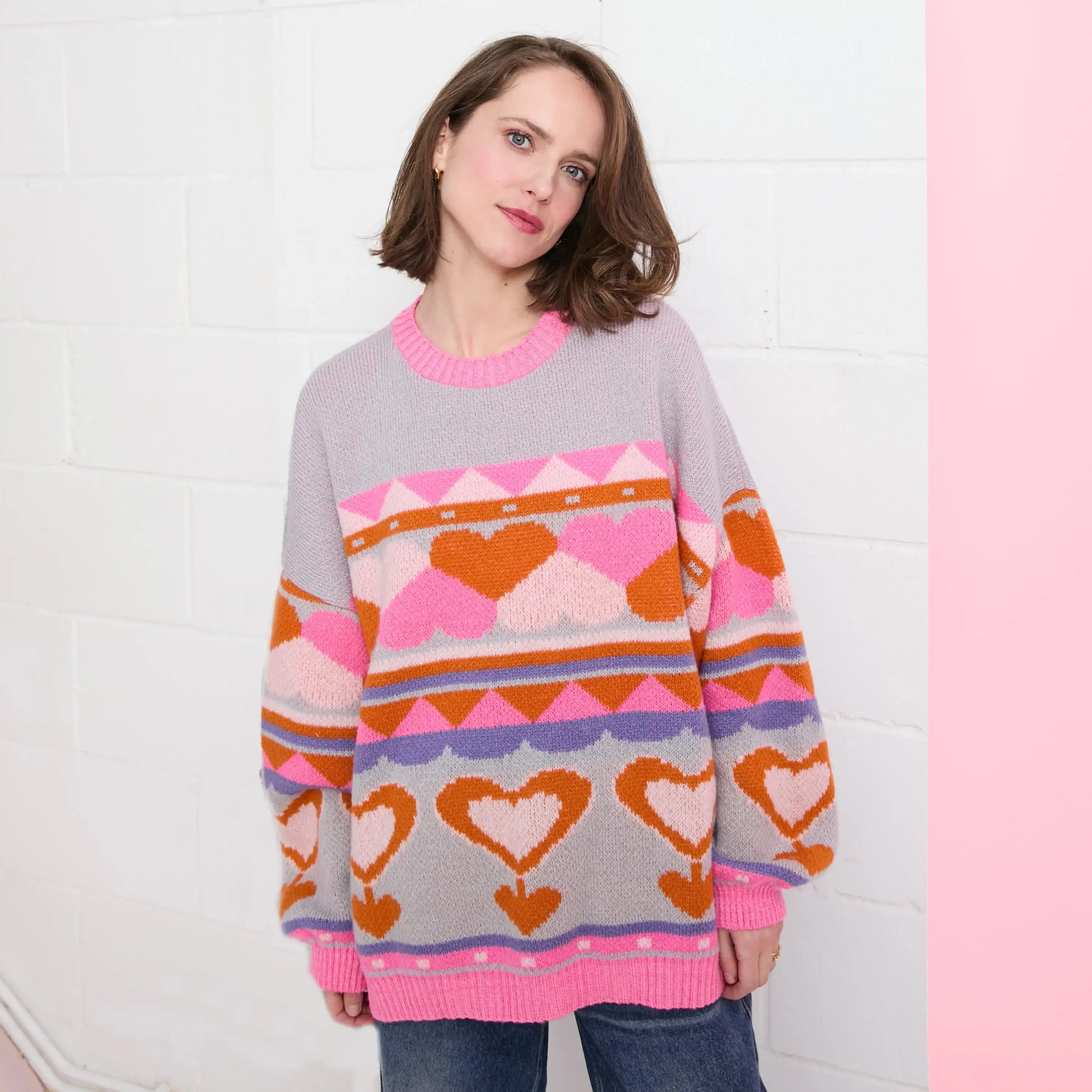 Blue Poppy Heart Intarsia Balloon Sleeve Oversized Jumper