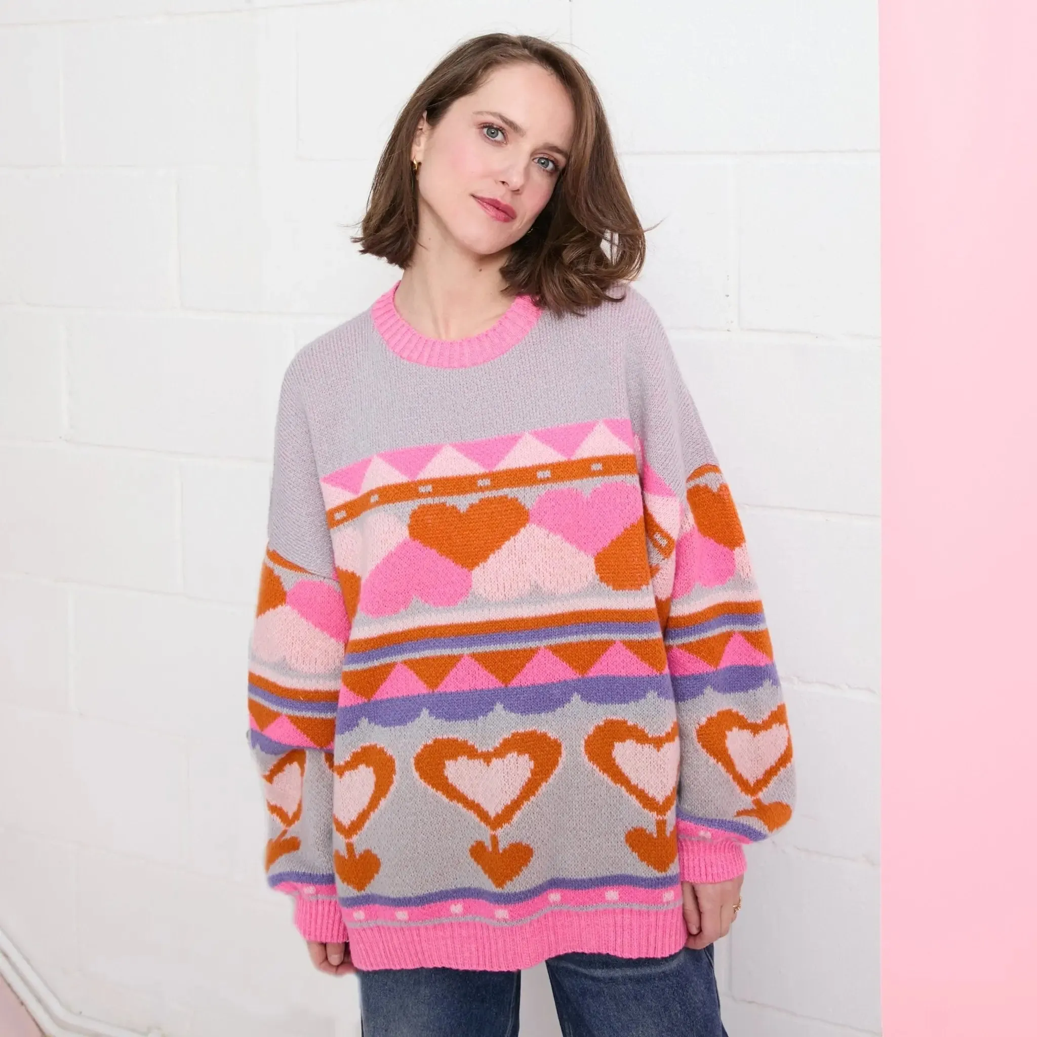 Blue Poppy Heart Intarsia Balloon Sleeve Oversized Jumper