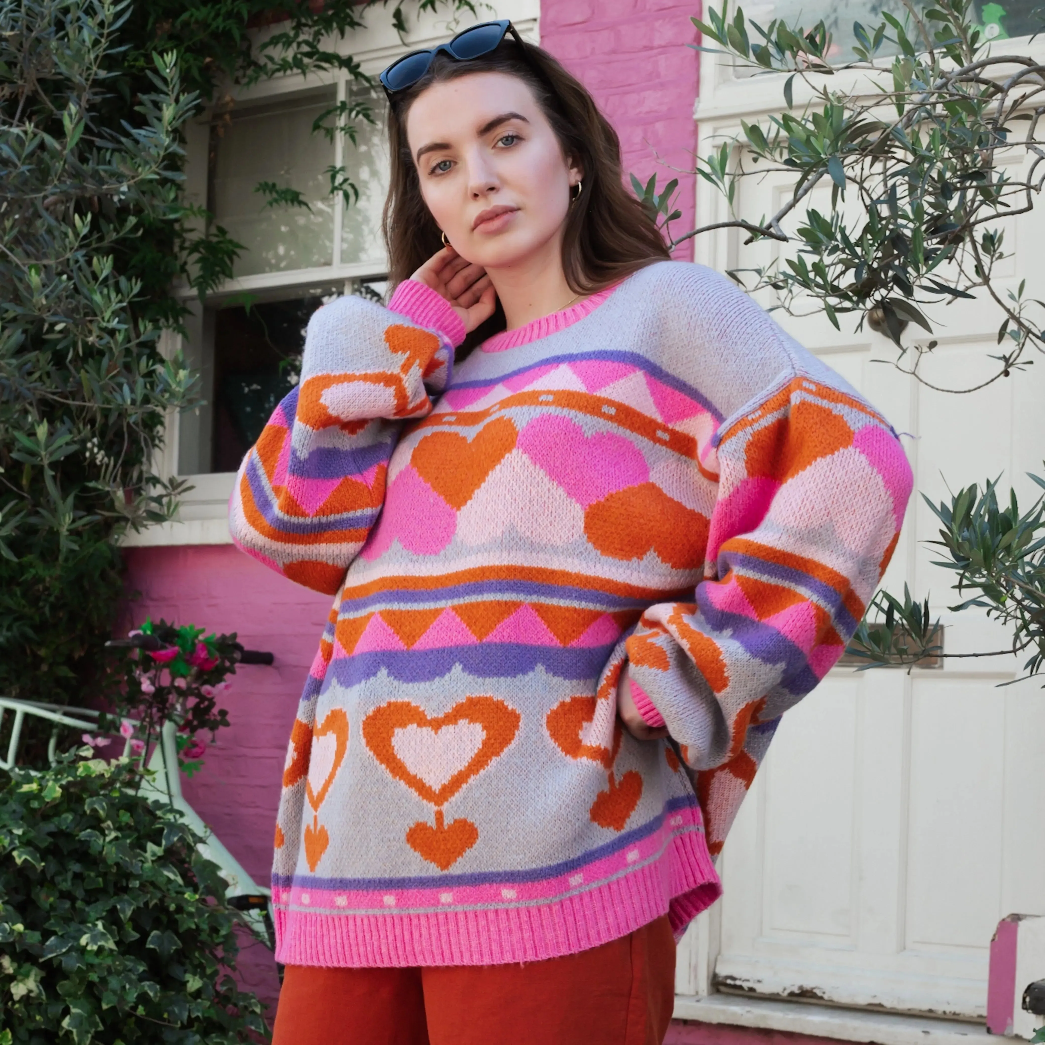 Blue Poppy Heart Intarsia Balloon Sleeve Oversized Jumper
