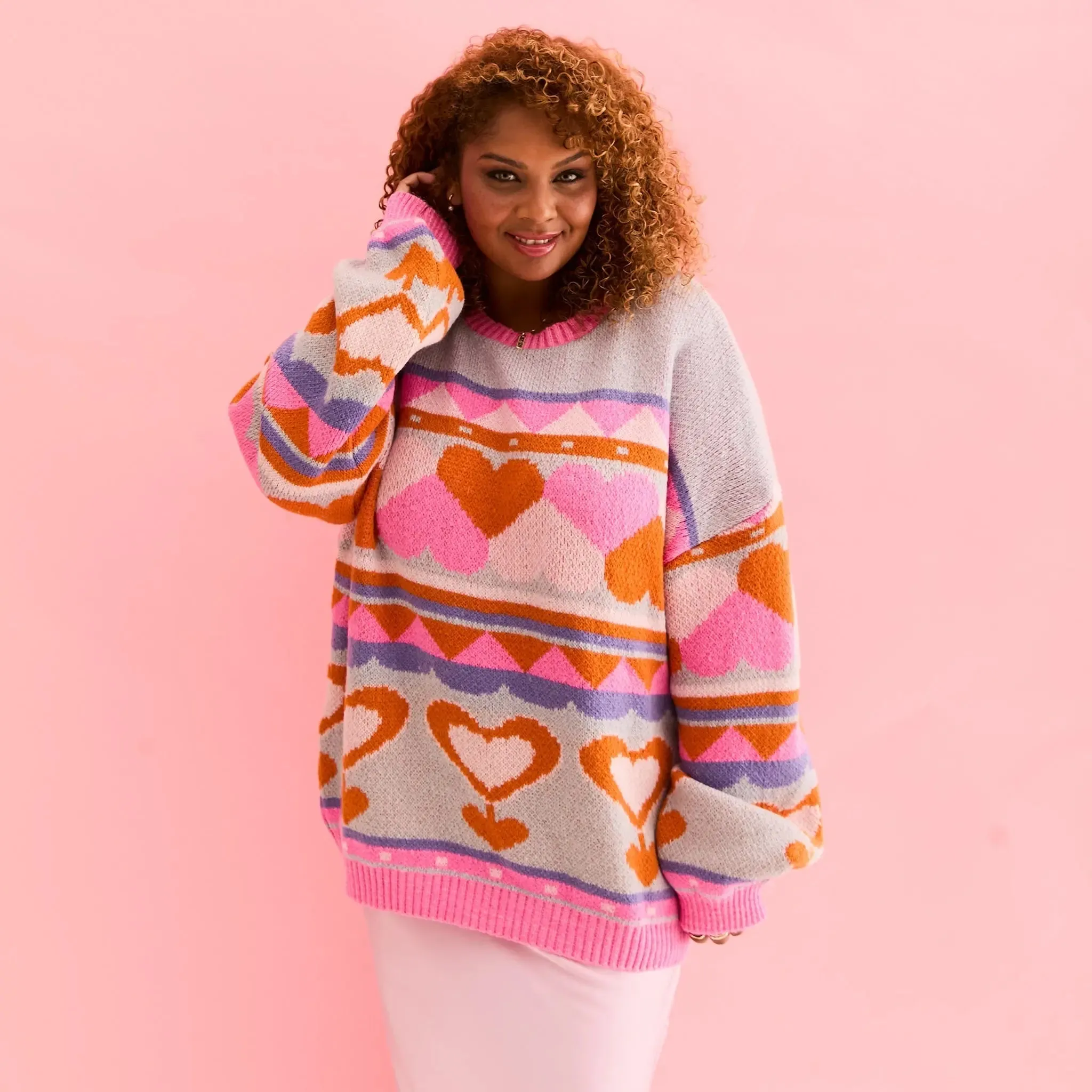 Blue Poppy Heart Intarsia Balloon Sleeve Oversized Jumper
