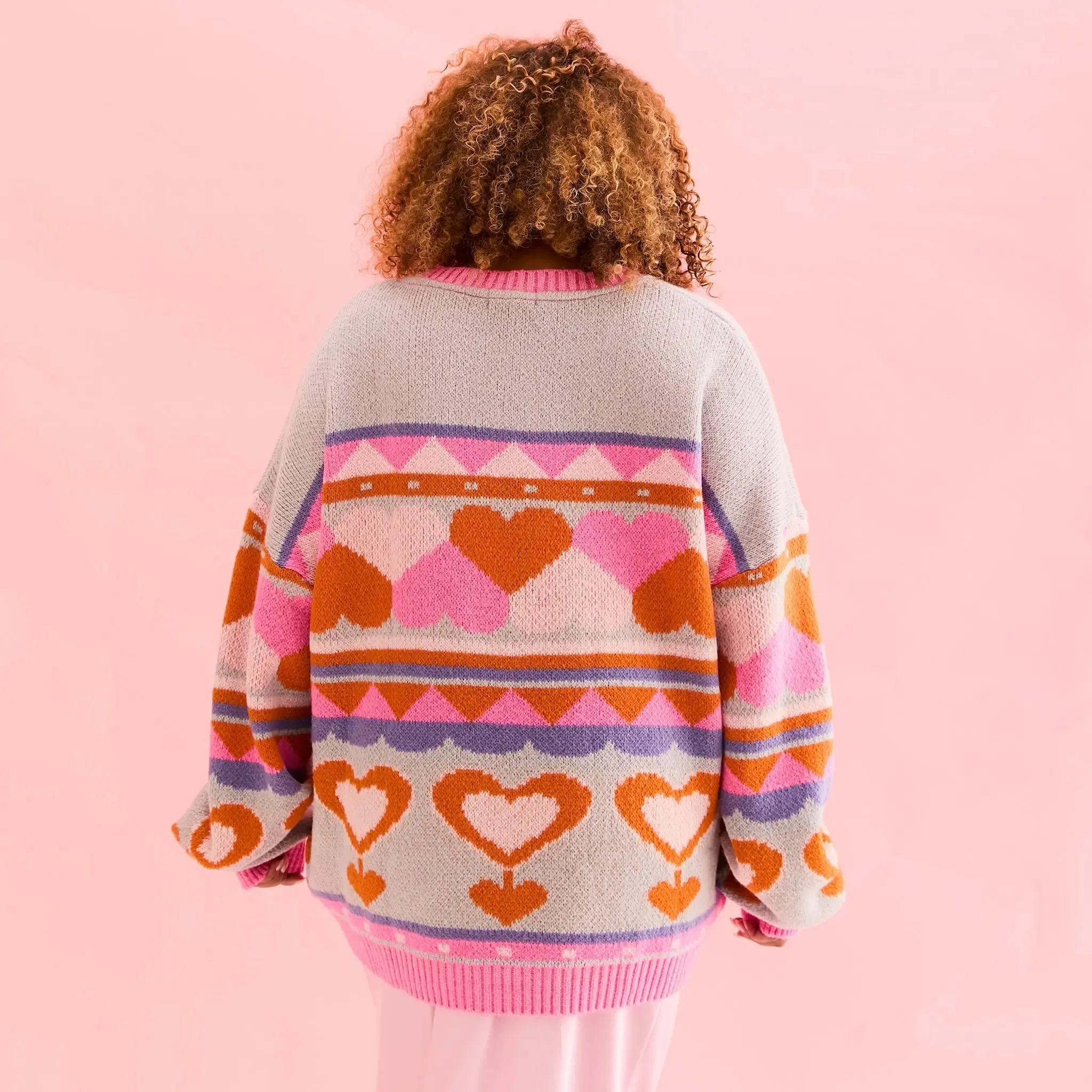 Blue Poppy Heart Intarsia Balloon Sleeve Oversized Jumper