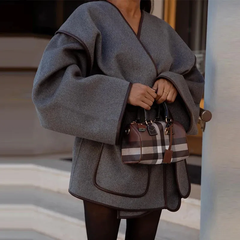 Chic dark gray v-neck coat blanket coat fall coat with belt