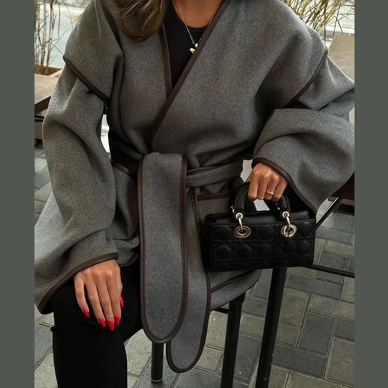 Chic dark gray v-neck coat blanket coat fall coat with belt
