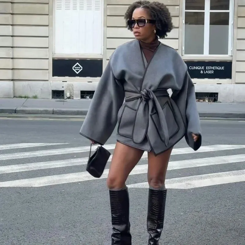 Chic dark gray v-neck coat blanket coat fall coat with belt