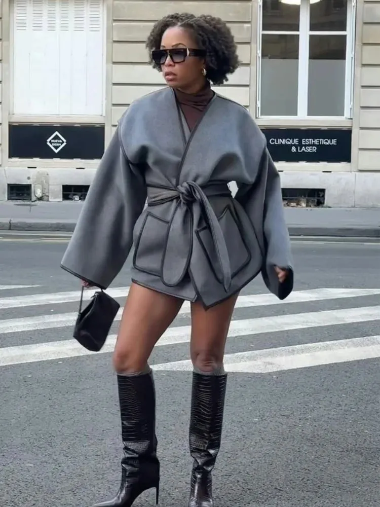 Chic dark gray v-neck coat blanket coat fall coat with belt