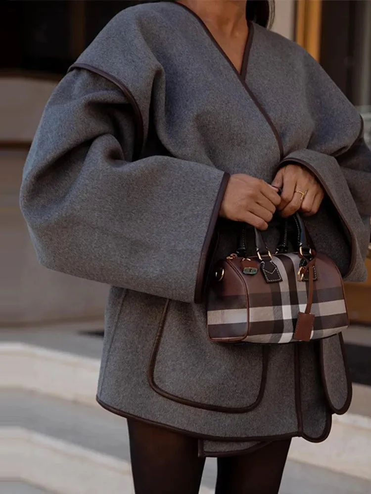 Chic dark gray v-neck coat blanket coat fall coat with belt