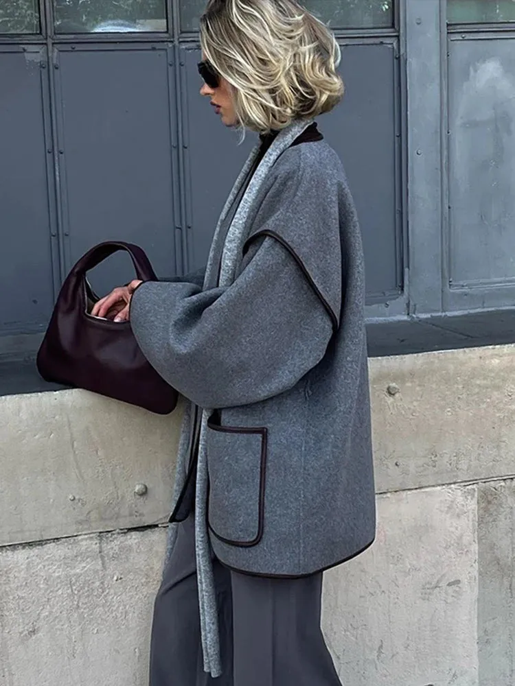 Chic dark gray v-neck coat blanket coat fall coat with belt