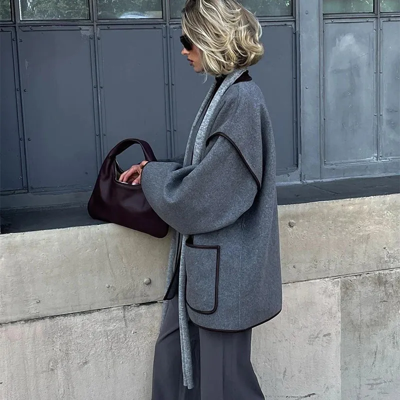 Chic dark gray v-neck coat blanket coat fall coat with belt
