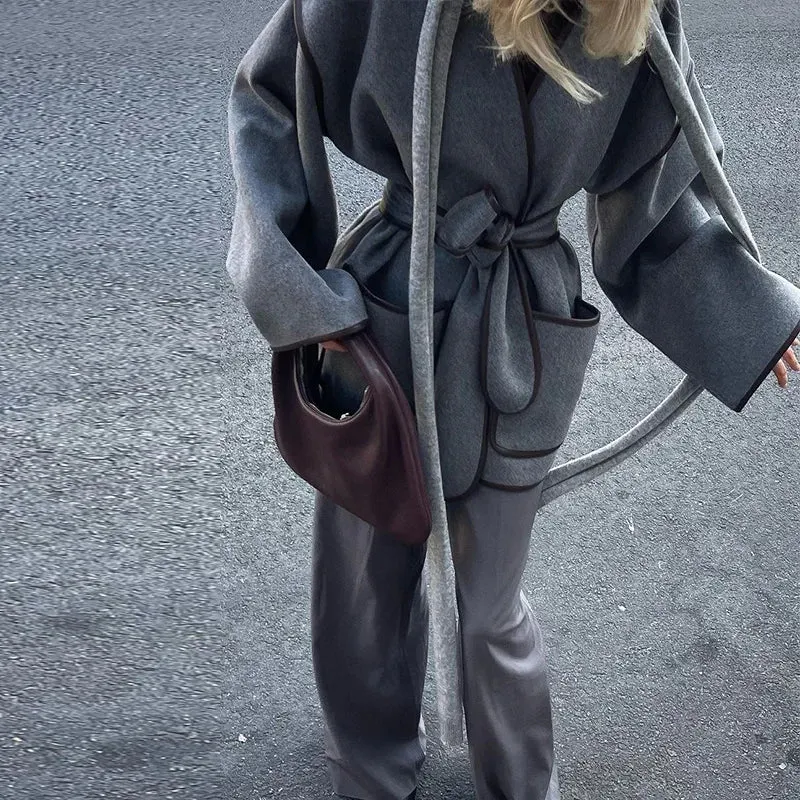 Chic dark gray v-neck coat blanket coat fall coat with belt