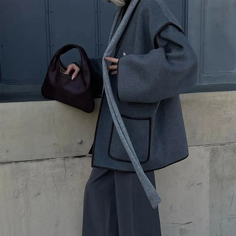 Chic dark gray v-neck coat blanket coat fall coat with belt