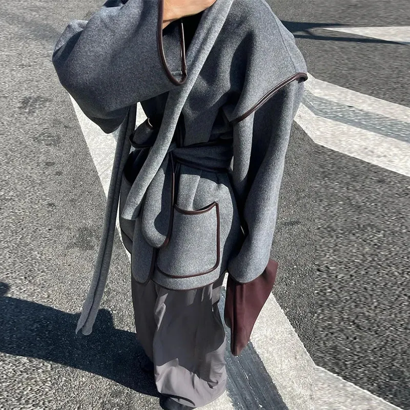 Chic dark gray v-neck coat blanket coat fall coat with belt