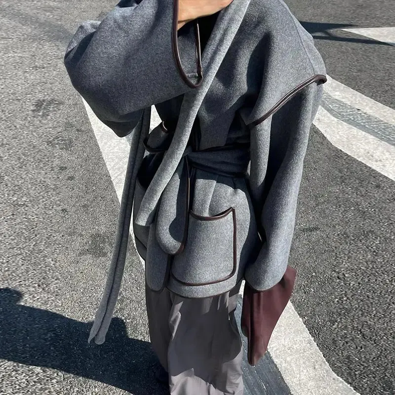 Chic dark gray v-neck coat blanket coat fall coat with belt