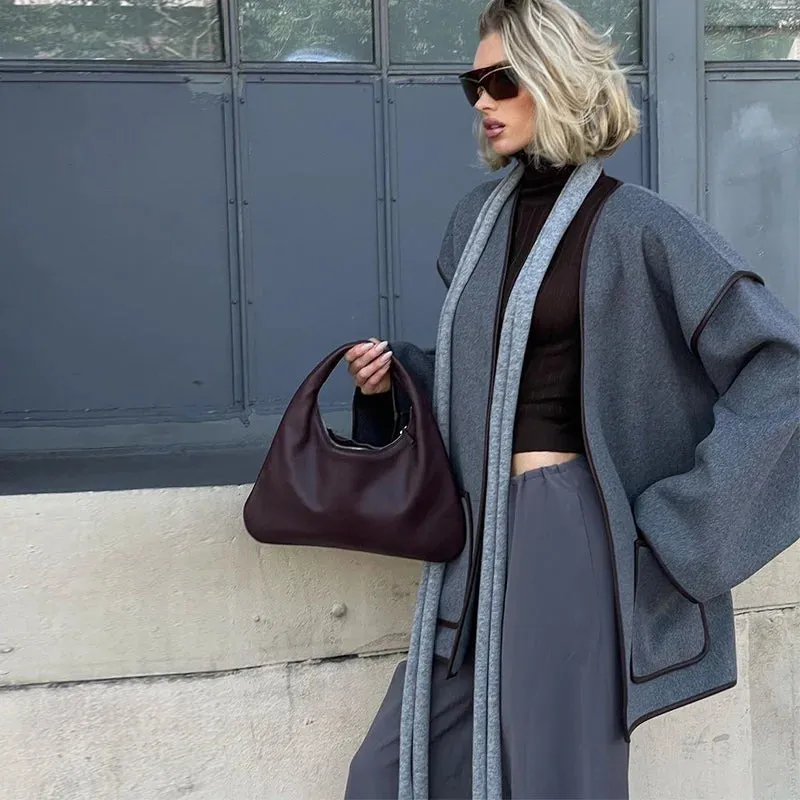 Chic dark gray v-neck coat blanket coat fall coat with belt