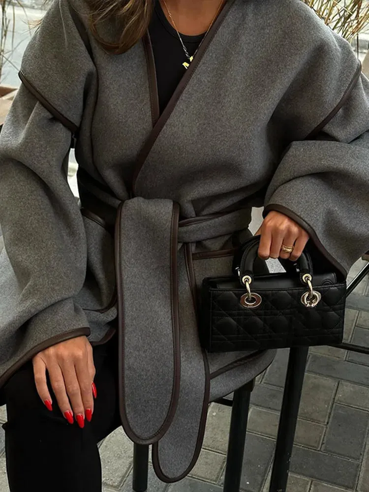 Chic dark gray v-neck coat blanket coat fall coat with belt