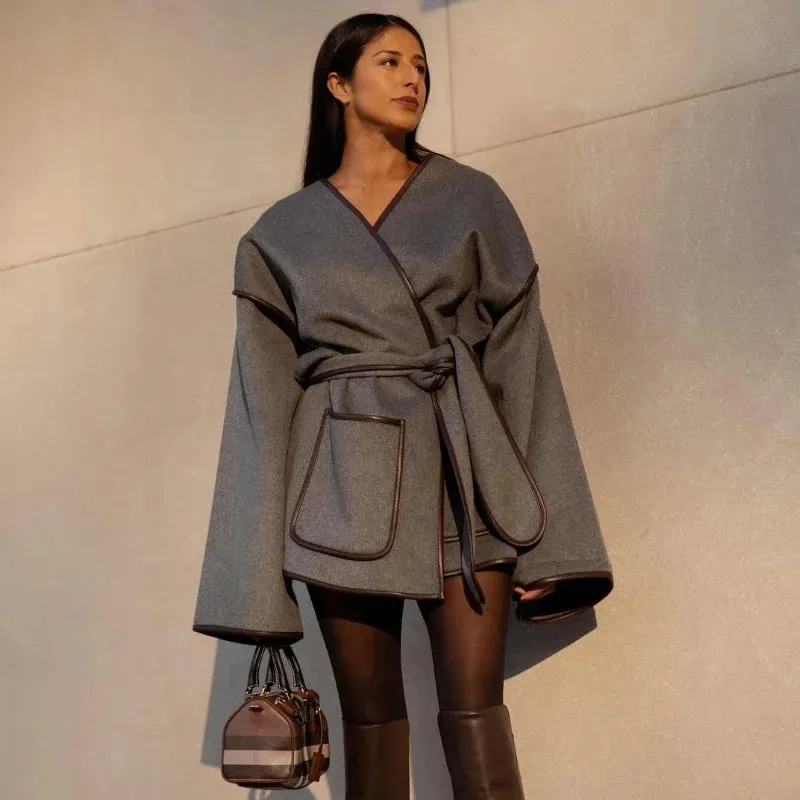 Chic dark gray v-neck coat blanket coat fall coat with belt