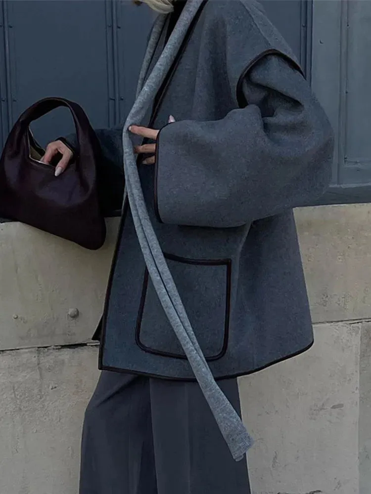 Chic dark gray v-neck coat blanket coat fall coat with belt