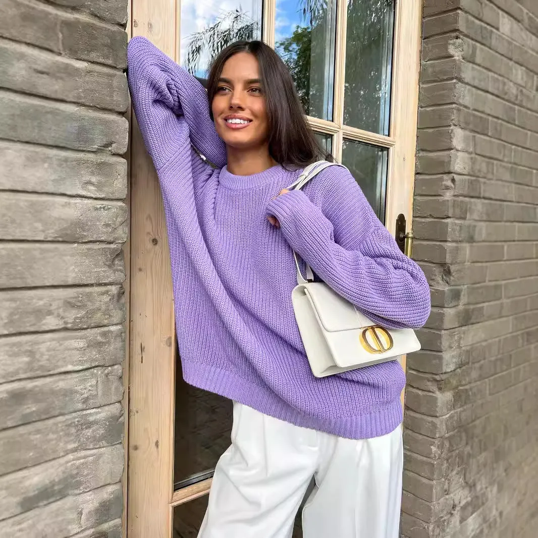 Chunky Round Neck Long Sleeve Loose Knit Sweater