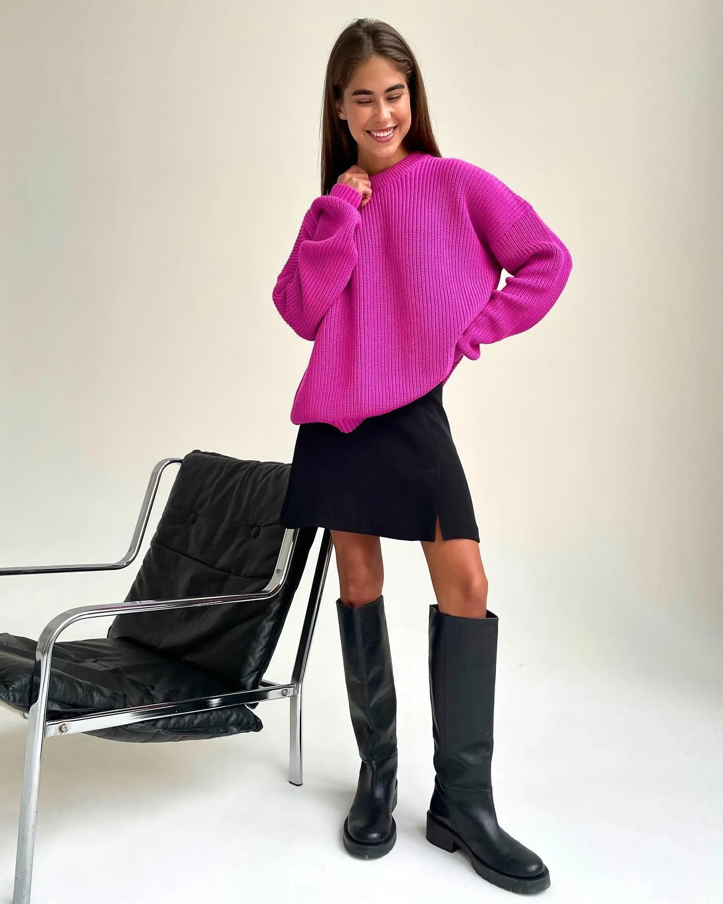 Chunky Round Neck Long Sleeve Loose Knit Sweater