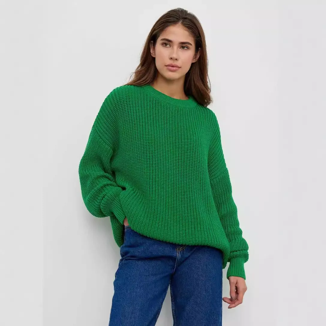 Chunky Round Neck Long Sleeve Loose Knit Sweater