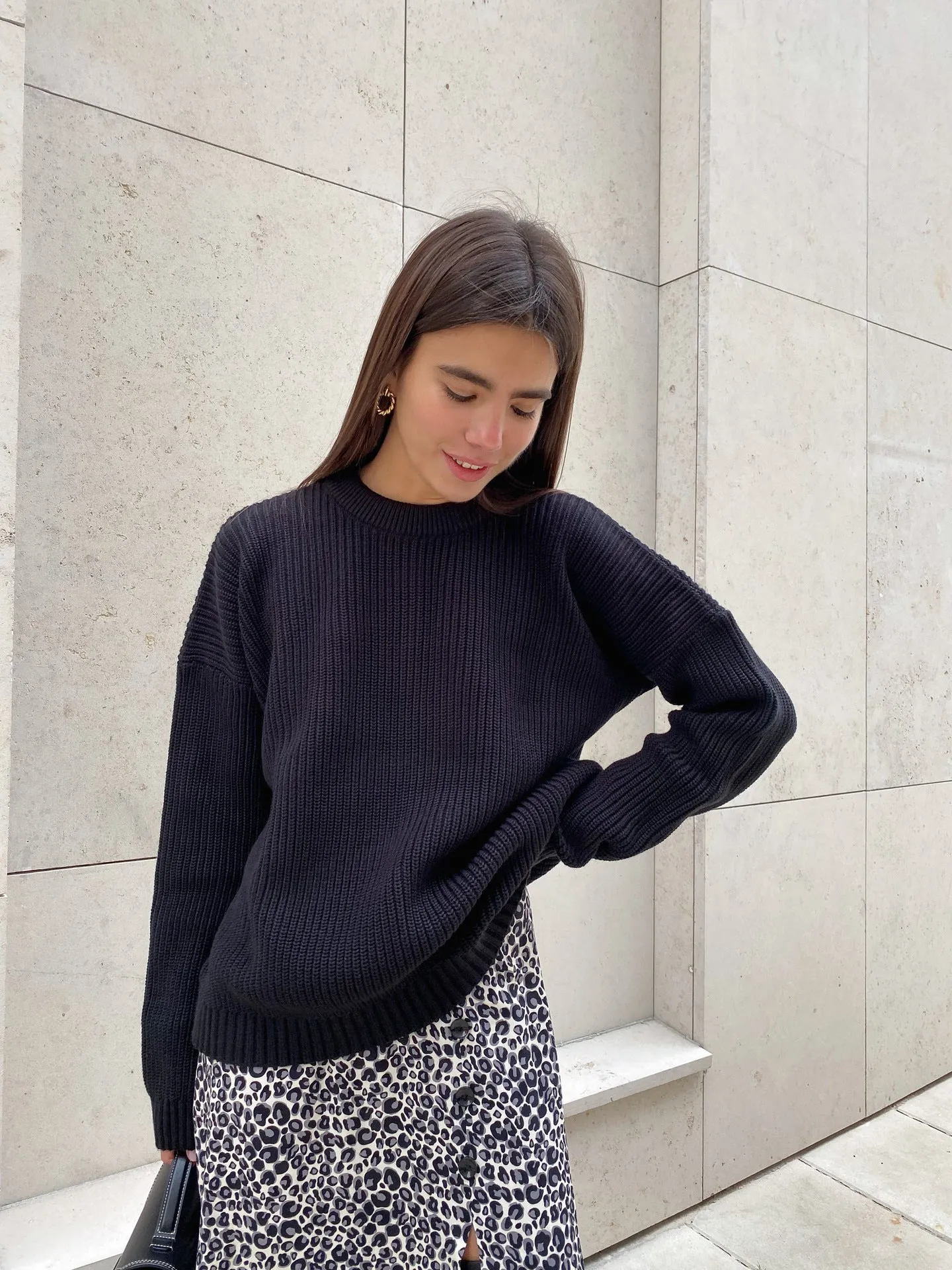 Chunky Round Neck Long Sleeve Loose Knit Sweater
