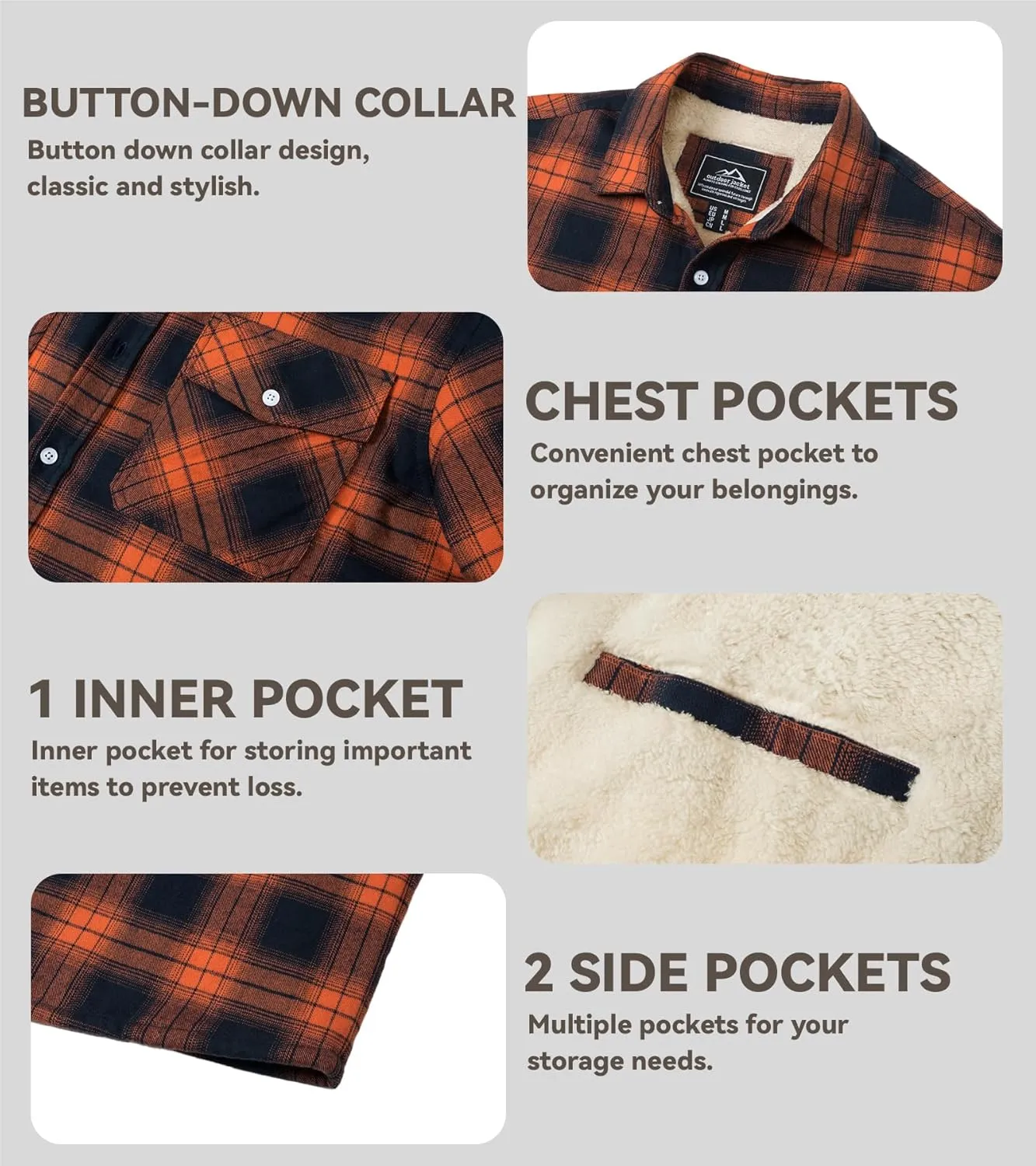 EKLENTSON Men's Flannel Shirt Jacket Thick Fleece Lined Jackets Plaid Sherpa Jacket Cotton Winter Jackets With 5 Pockets