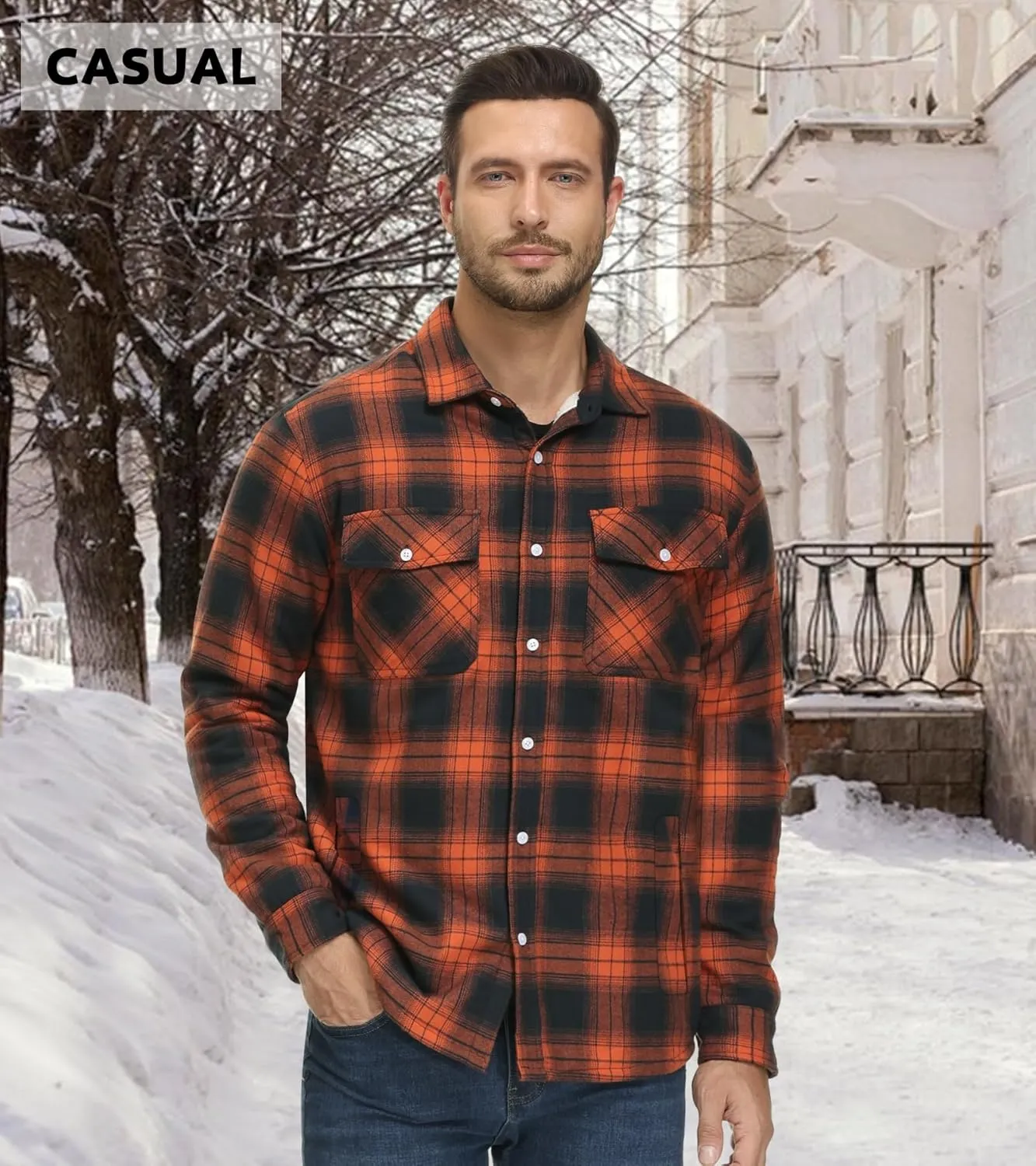 EKLENTSON Men's Flannel Shirt Jacket Thick Fleece Lined Jackets Plaid Sherpa Jacket Cotton Winter Jackets With 5 Pockets