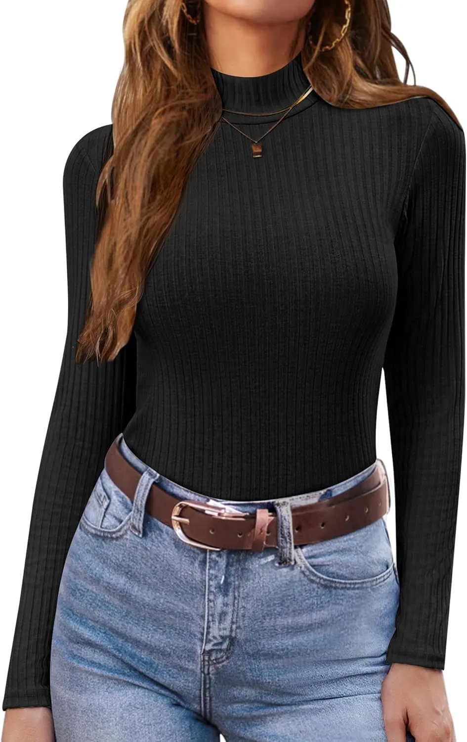 Ekouaer Women's Mock Turtleneck Long Sleeve Shirts Ribbed Knit Lightweight Pullover Sweater Stretch Fitted Thermal Top
